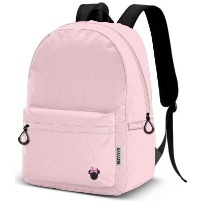 Mochila rosa clara com alças pretas e bolso frontal