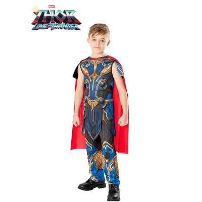 Fato infantil Thor Love and Thunder com capa vermelha e armadura azul e dourada