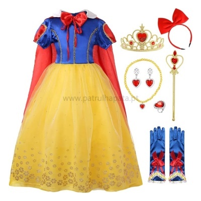 Fantasia infantil com vestido amarelo e azul, capa vermelha, acessórios dourados e vermelhos