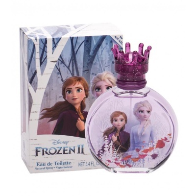 Frasco e embalagem de Eau de Toilette Frozen II com personagens Anna e Elsa