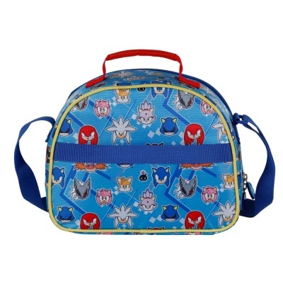 Bolsa infantil azul com personagens coloridos e alças azuis e vermelha