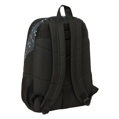 Mochila preta vista de costas com alças acolchoadas e padrão nas laterais.