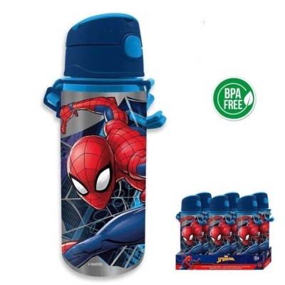 Garrafa de água azul com imagem do Homem-Aranha em fundo urbano