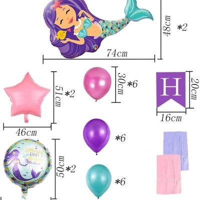 Conjunto de balões e acessórios para festa com tema sereia e cores lilás, rosa, roxo e verde.