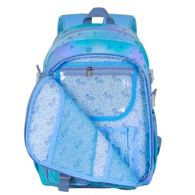 Mochila azul clara com padrão de bolinhas e interior com padrão POP!