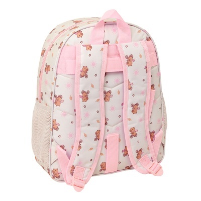 Mochila infantil cor de rosa com padrão de ursinhos e bolso lateral em rede