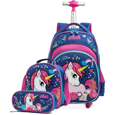 Conjunto mochila e estojo azul escuro e rosa com desenho de unicórnio e flores