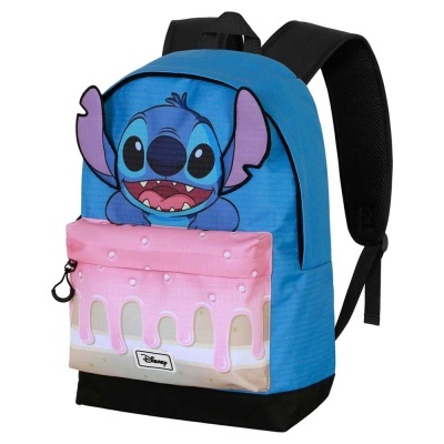 Mochila azul com personagem Stitch e glacê rosa na frente