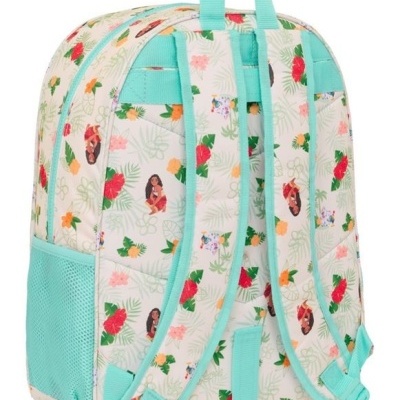 Mochila colorida com padrão floral e alças azuis