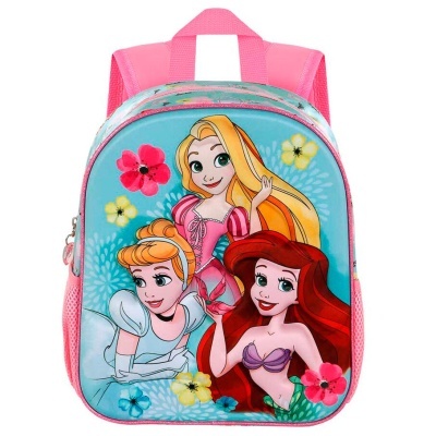 Mochila infantil rosa e azul com personagens Disney e flores coloridas