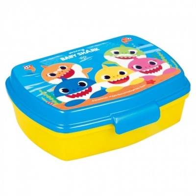 Marmita amarela com tampa azul e ilustrações do Baby Shark
