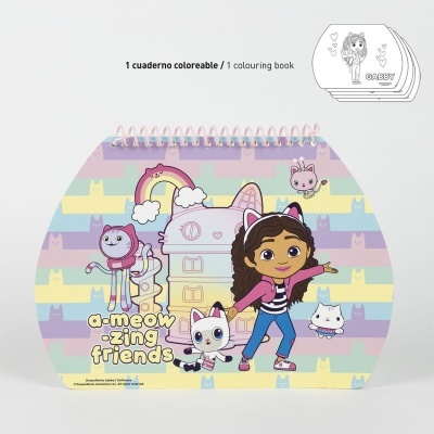 Livro de colorir com capa de personagem animada e gatos, texto a-meow-zing friends