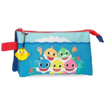 Estojo azul com desenhos de tubarões coloridos e sol amarelo no fecho