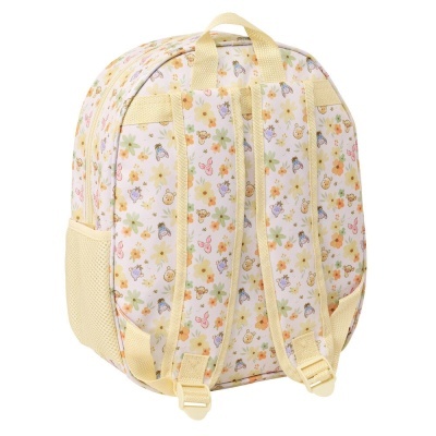 Mochila infantil com padrão floral e figuras animadas em tons pastel