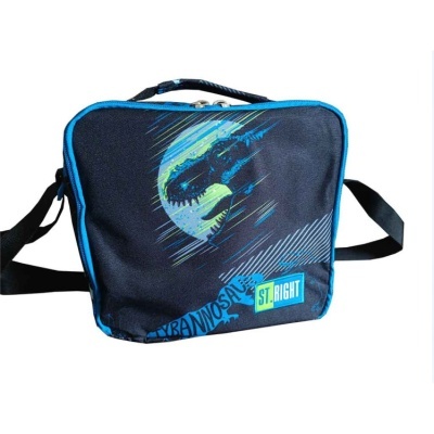 Mala preta e azul com imagem gráfica e texto ST. RIGHT