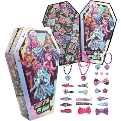 Conjunto Monster High com caixas decoradas em forma de caixão, colares, brincos e acessórios para cabelo coloridos