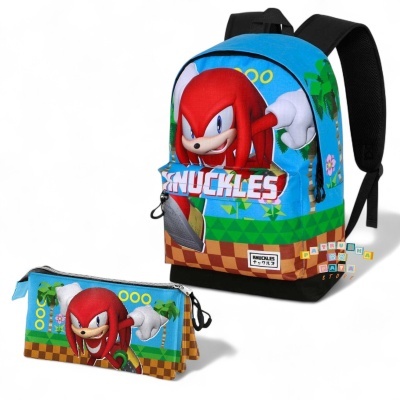 Mochila e penál com estampa do personagem Knuckles em azul, vermelho e castanho