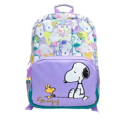 Mochila escolar lilás e branca com personagens Snoopy e Woodstock