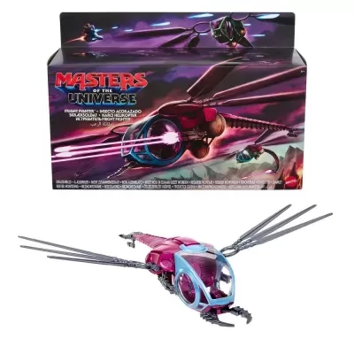 Brinquedo Masters of the Universe Fright Fighter, veículo roxo com cockpit azul, em embalagem ilustrada.