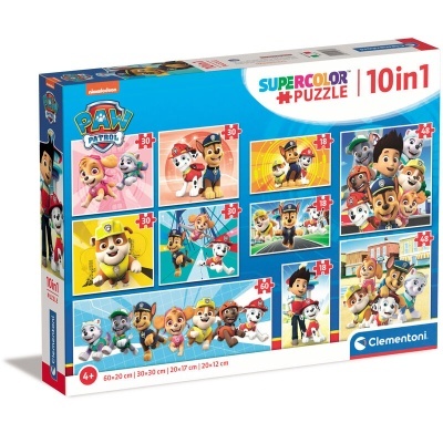 Caixa de puzzel 10 em 1 Paw Patrol com várias imagens coloridas.
