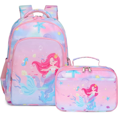 Mochila e lancheira rosa e azul com estampa de sereia e animais marinhos