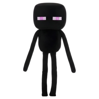 Boneco de peluche preto com olhos pixelizados rosa e branco