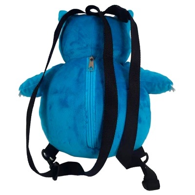 Mochila infantil azul felpuda com orelhas e alças pretas