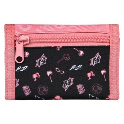 Carteira preta e rosa com padrão colorido e fecho de correr.