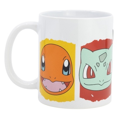 Caneca branca com rostos coloridos de Charmander e Bulbasaur