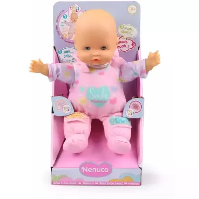 Boneco bebé Nenuco com roupa rosa e lilás em embalagem rosa