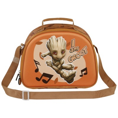 Mala de ombro laranja com imagem do personagem Groot e texto I am GROOT