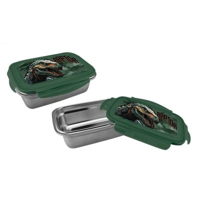 duas marmitas retangulares em aço inox com tampas verdes com dinossauro e texto RAPTOR
