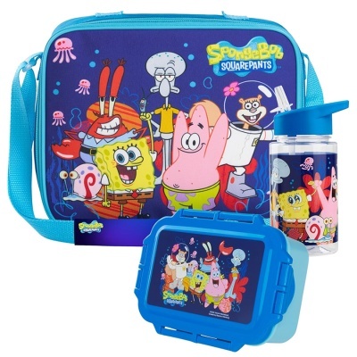 Mochila, garrafa e lancheira azuis com personagens do SpongeBob SquarePants