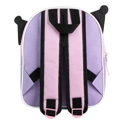 Mochila infantil lilás e rosa com alças pretas e orelhas decorativas pretas