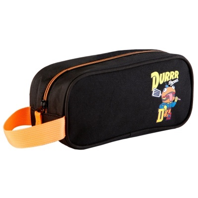 Estojo escolar preto com fecho laranja e estampado colorido