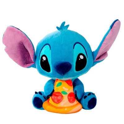 Boneco de pelúcia azul do Stitch segurando fatia de pizza colorida