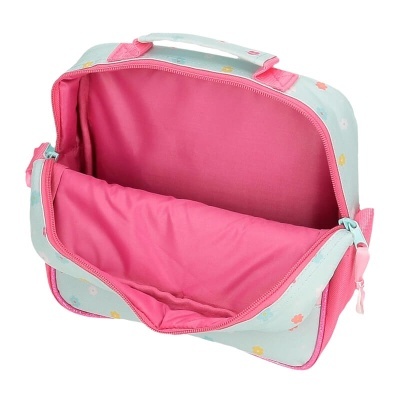 Mala pequena azul claro com padrões coloridos e interior rosa