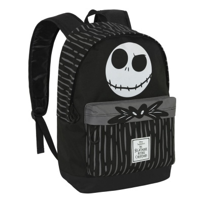 Mochila preta com rosto branco sorridente e bolso cinza com padrão riscado