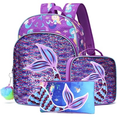 Conjunto roxo com mochila, lancheira e estojo com tema de sereias e caudas de sereia.