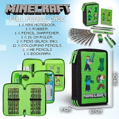 Estojo escolar Minecraft verde com personagens e acessórios