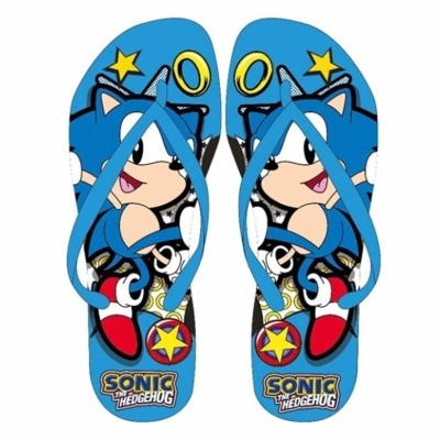 Chinelos de dedo azuis com desenho do Sonic the Hedgehog e texto no topo