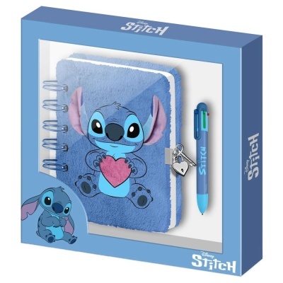 Conjunto Disney Stitch com caderno felpudo azul, caneta colorida e cadeado em caixa azul