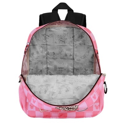 Mochila rosa com padrão xadrez e desenhos de Mickey Mouse, interior forrado em preto e branco