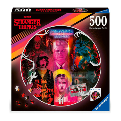 Caixa do quebra-cabeças Ravensburger 500 peças Stranger Things com imagens dos personagens e texto temático