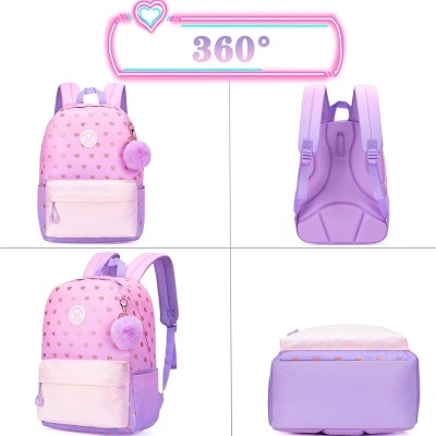 Mochila rosa e lilás com padrão de corações pequenos vista 360 graus