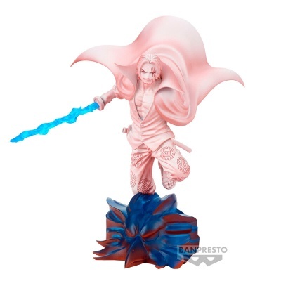 Figurine rosada com espada azul e base azul e vermelha BANPRESTO