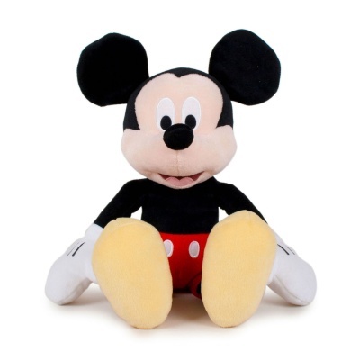 Pelúcia do Mickey Mouse sentada com calções vermelhos e luvas brancas