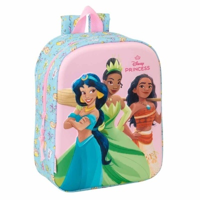Mochila infantil Disney Princess com ilustrações de Jasmine, Tiana e Moana, alças cor-de-rosa e fundo azul com desenhos coloridos.