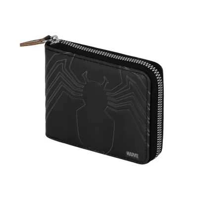 Carteira preta com padrão de aranha e fecho de correr