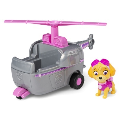 Brinquedo de helicóptero cinzento e rosa com boneco de cachorro amarelo vestido de rosa